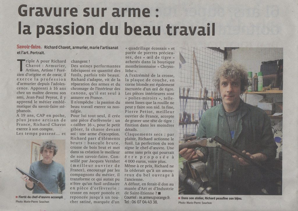 article de presse sur un travail de restauration d'une arme par Richard chavot